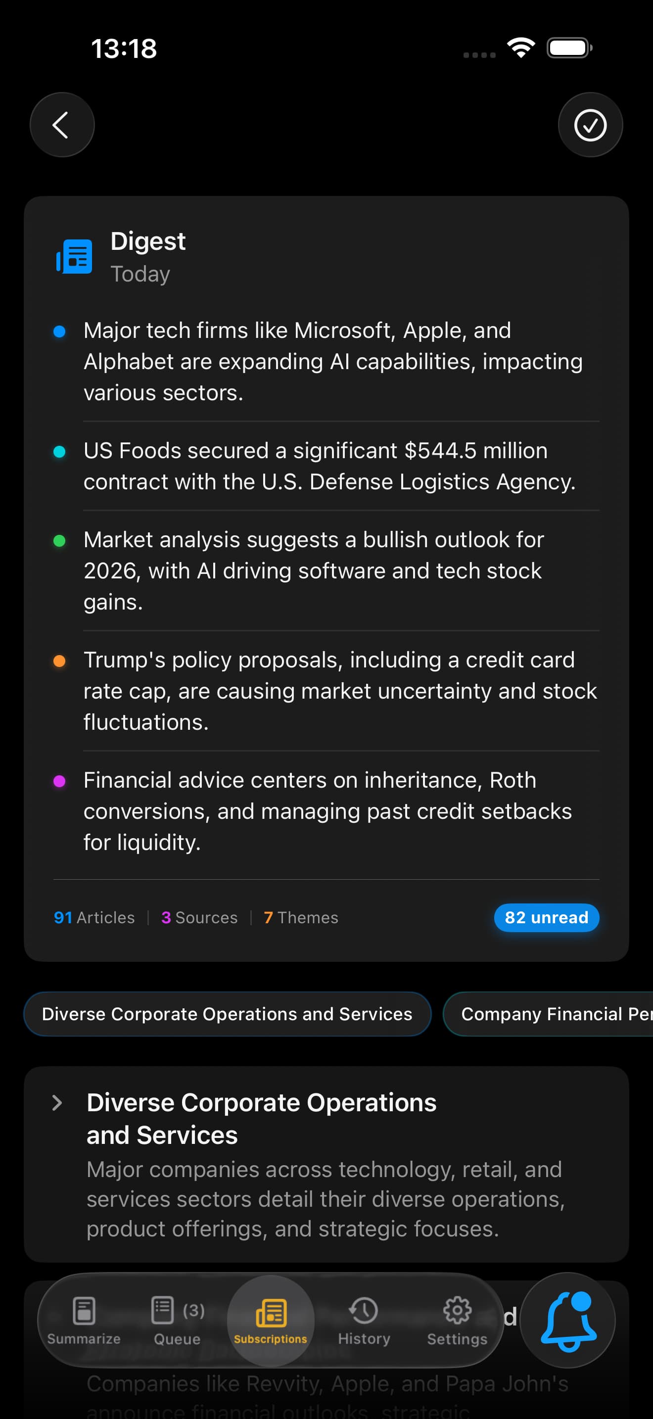 Daily Digest Preview showing meta-summary and article cards
